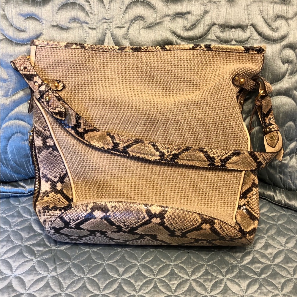 Brahmin straw and reptile bag.